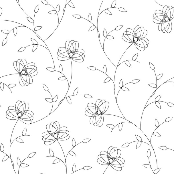 Stampa floreale semplice in bianco e nero, motivo senza cuciture con fiori stilizzati in stile folk. Arte lineare vettoriale per carta e tessuto. - Vettoriali, immagini