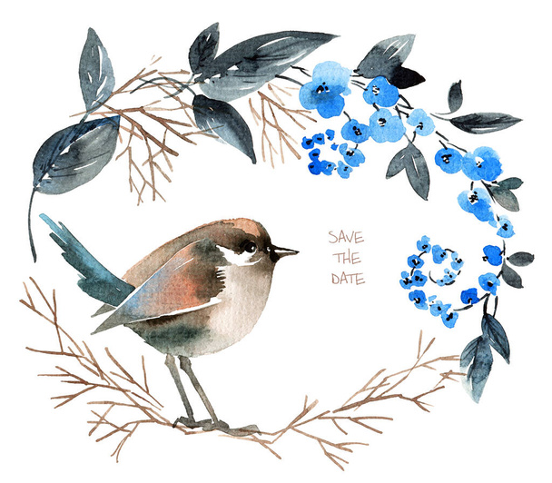 Watercolor illustration of bird on floral wreath. Design for greeting card, invitation or cover. Hand-drawn bird, blue flowers, stems and leaves. - Foto, afbeelding
