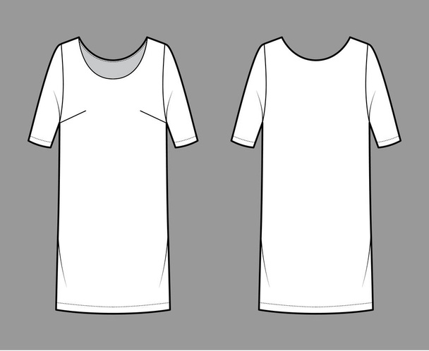 Φόρεμα shift chemise τεχνική απεικόνιση μόδας με μεσαία μανίκια, oversized σώμα, γόνατο μήκος φούστα μολύβι. Επίπεδη - Διάνυσμα, εικόνα
