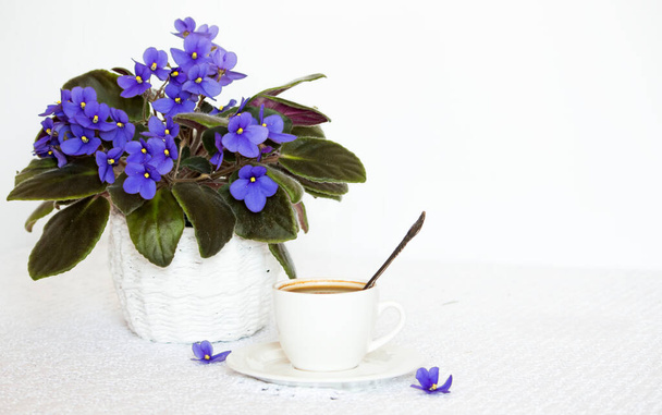 una taza de café negro en la mesa con una flor violeta casera con una copia del espacio. - Foto, imagen