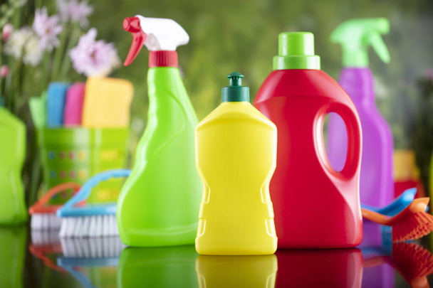 Spring house and office cleaning. Cleaning kit and sources on the glass table. Bokeh  background. - Photo, Image