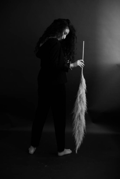 fashion studio portrait of girl in dark clothes with large dried flower feather - Фото, зображення