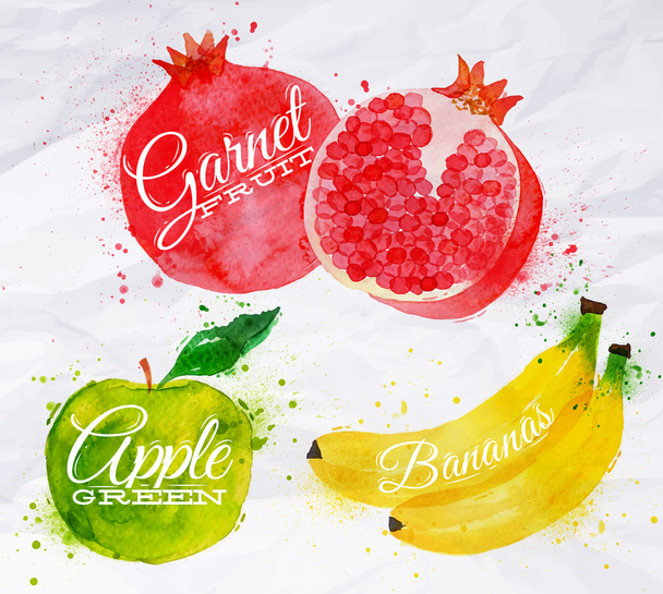 Hedelmät akvarelli vesimeloni, banaani, granaattiomena, omenanvihreä
 - Vektori, kuva