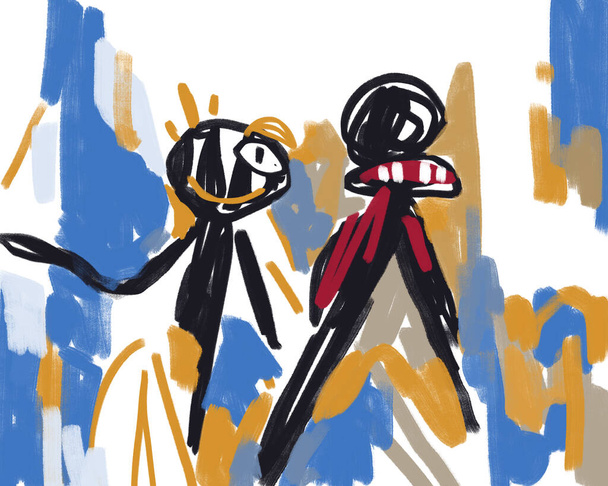 Kleine vriend samen. Abstract en postexpressionistische kunst. Graffiti en Basquiat sfeer. Abstract Concept Kunstschilderkunst voor t-shirt, print, poster en kunstindustrie. - Foto, afbeelding
