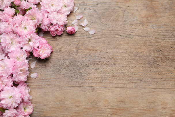 Beautiful sakura tree blossoms on wooden background, flat lay. Space for text - Photo, Image