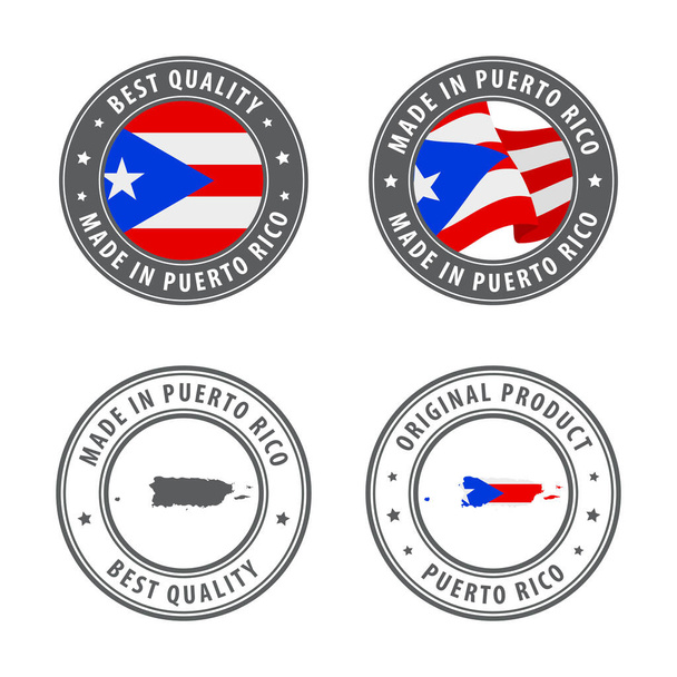 Made in Puerto Rico - zestaw etykiet, znaczków, odznak, z mapą i flagą Portoryko. Najlepsza jakość. Produkt oryginalny. - Wektor, obraz