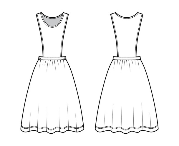 Dress pinafore apron technical fashion illustration with sleeveless, knee length full skirt. Flat apparel front - Vector, Image