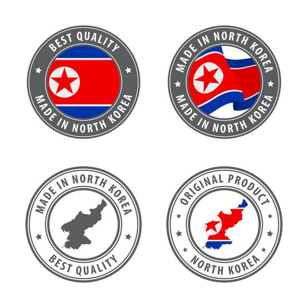 Hecho en Corea del Norte - conjunto de etiquetas, sellos, insignias, con el mapa y la bandera de Corea del Norte. La mejor calidad. Producto original. - Vector, Imagen