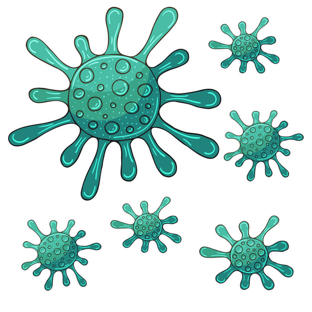 Bakterien, Mikroorganismen, Viruszellen. Symbole setzen Ausbruch des Coronavirus in Gang - Vektor, Bild