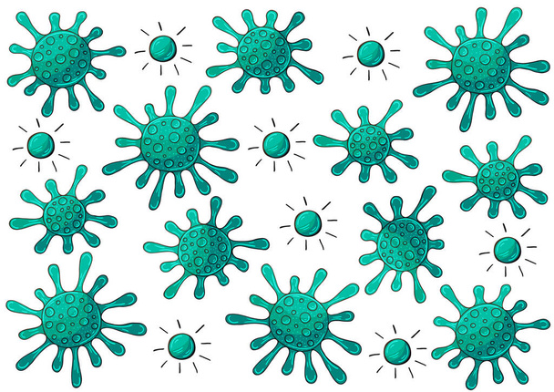 Vector de virus sobre fondo blanco. Bacterias, microorganismos gérmenes, células virales. Coronavirus. Conjunto de iconos - Vector, imagen