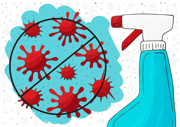 コロナウイルスベクターの背景との戦い。ハンドサニタイザーボトル、抗菌。抗菌フラスコは細菌を殺す - ベクター画像