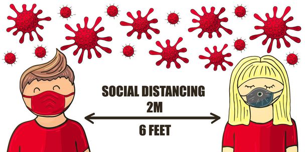 Social Distancing. Vector background. Cartoon man and woman observe social distance. Fight coronavirus - Vettoriali, immagini
