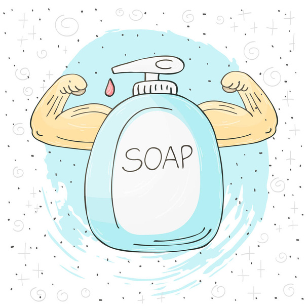 Liquid soap with strong hands, strong man. Vector illustration hand drawing design on white background - Vetor, Imagem