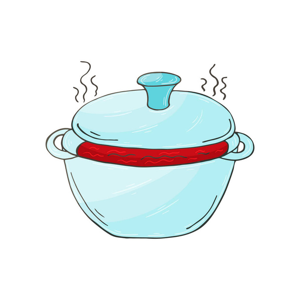 Vector icon in hand draw style. Image isolated on white background. Heat treatment of products. Casserole with hot food - ベクター画像