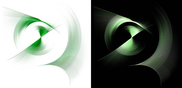 Os elementos listrados transparentes retos e arqueados verdes giram em fundos brancos e pretos. Conjunto de elementos de design gráfico. Logotipo, sinal, ícone, símbolo. renderização 3d. ilustração 3d. - Foto, Imagem