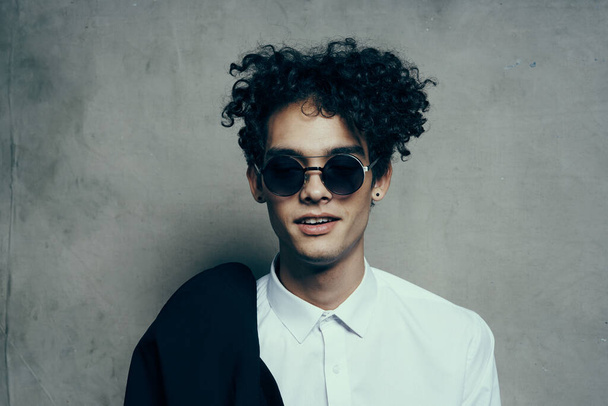 guy with curly hair teen classic suit sunglasses shirt - Photo, Image