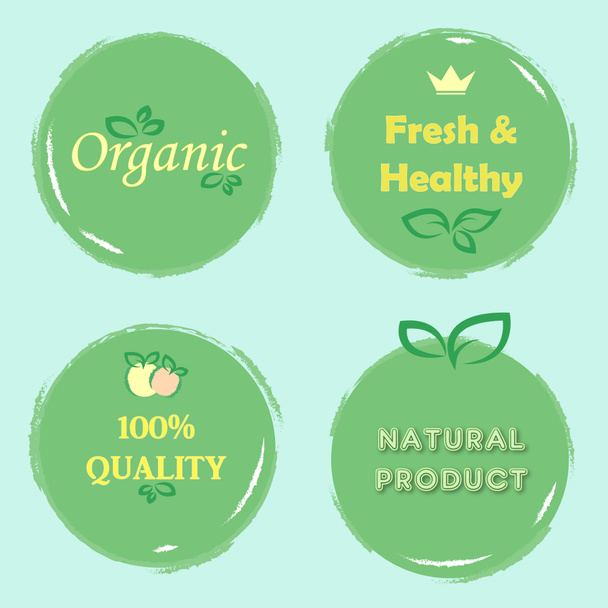 有機健康的な生鮮食品のロゴステッカーのセット、パッケージデザインは緑を象徴する - 写真・画像