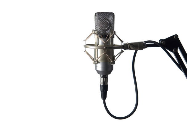 Silver studio condenser microphone, isolated on white background, with copy space on left - Zdjęcie, obraz