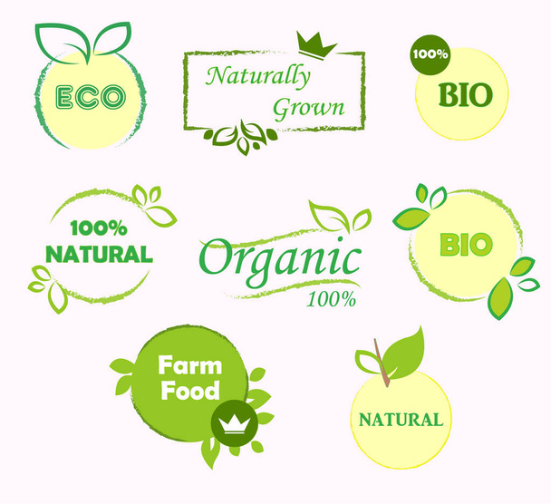 Σετ αυτοκόλλητου λογότυπου βιολογικής υγιεινής διατροφής, εμβλήματα σχεδιασμού συσκευασίας πράσινο - Φωτογραφία, εικόνα