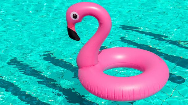 Fondo concepto de verano. Flamenco inflable rosa en el agua de la piscina para el fondo de la playa de verano. Fiesta de flotador piscina - Foto, imagen