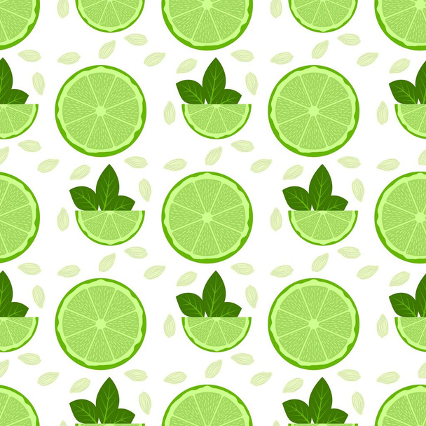 Lemon fruits seamless pattern. Whole and Halved Lemon Citrus Fruit with Juicy Flesh and Green Leaves Vector Set. Organic vegetarian fresh food. Vitamin tropical juicy citrus. - Vector, Image