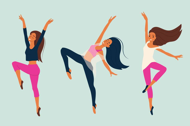 Menina dançando dança moderna, dançarina em pose graciosa, conjunto de personagens femininas em estilo cartoon, ilustração vetorial, isolar - Vetor, Imagem