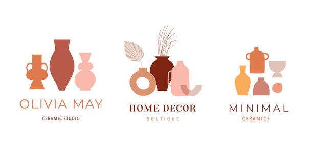 Abstracte Boheemse kunst esthetische logo ontwerp. Plaatsing van aardewerk en keramische potten, vazen met droge bladeren, planten, bloemen.  - Vector, afbeelding