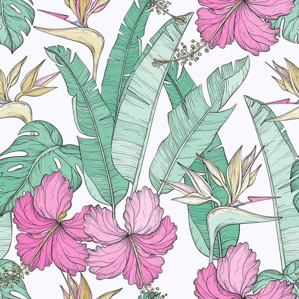 Seamless pattern with leaves and hibiscus flowers, bird of paradise flowers - Vektor, Bild