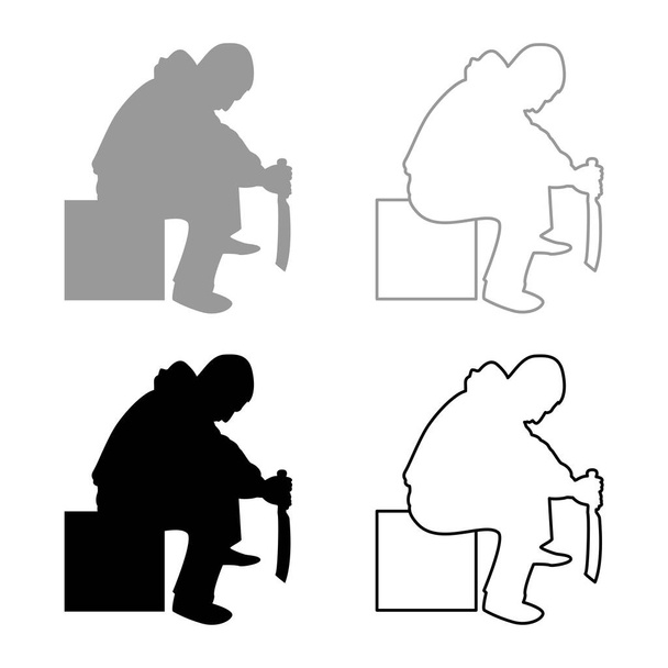 Man with sword machete Cold weapons in hand military man Soldier Serviceman in various positions Hunter with knife Fight poses Strong defender Warrior concept Weaponry Sitting on box silhouette grey black color vector illustration solid outline style - Διάνυσμα, εικόνα