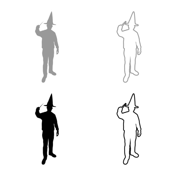 Wizard holds magic wand trick Waving Sorcery concept Magician Sorcerer Fantasy person Warlock man in robe with magical stick Witchcraft in hat mantle Mage conjure Mystery idea Enchantment silhouette grey black color vector illustration solid outline  - Vector, Image