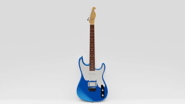 Guitarra elétrica azul e branca de seis cordas em um fundo branco, encostada à parede. Renderização 3d. - Filmagem, Vídeo