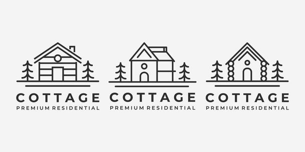 Set Bundle of Cabin Cottage Line Art Logo Vector Minimalist Illustration Design Lake River Ocean Wave Sunrise Forest Pine Tree - Vector, Image