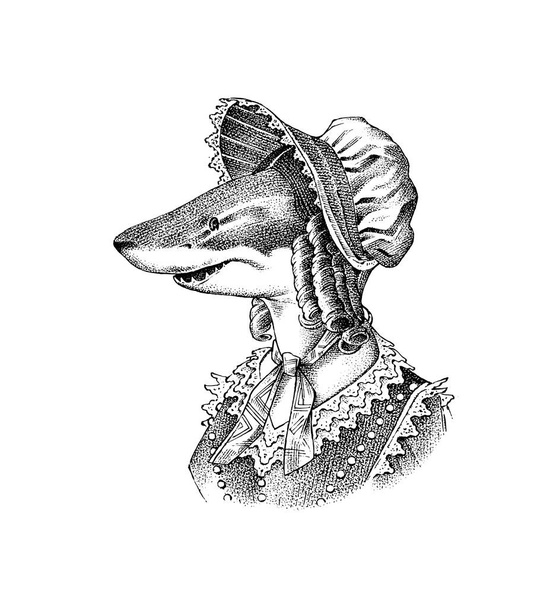Halcápa és Mobcap. Viktoriánus nő kalapban és öltönyben. Divatállat karakter. Kézzel rajzolt vázlat. Vektoros illusztráció címkéhez, logóhoz, pólóhoz vagy tetováláshoz. - Vektor, kép