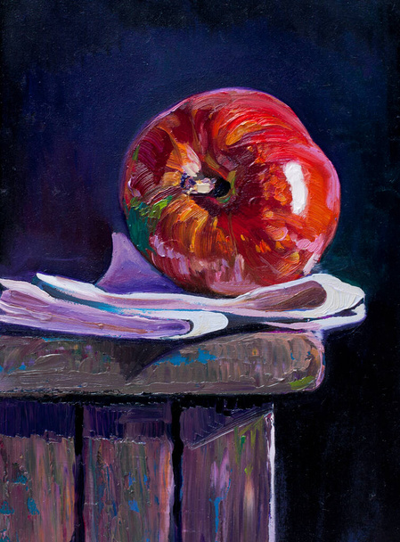 Manzana sobre la mesa pintura al óleo original sobre lienzo arte hecho a mano - Foto, Imagen