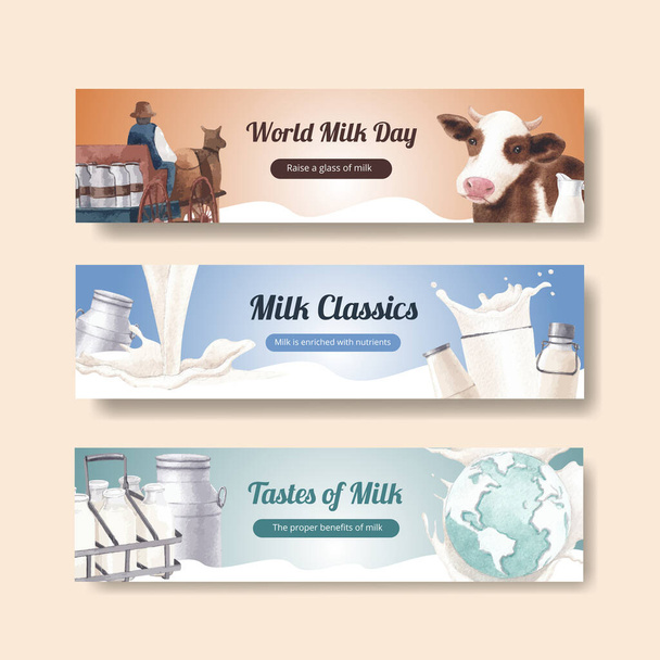 世界のミルクの日の概念とバナーテンプレート、水彩スタイル - ベクター画像