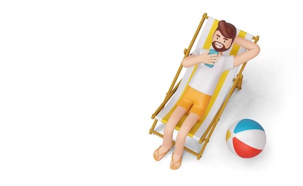 Hombre feliz en silla de playa con pelota de playa, temporada de verano, plantilla de verano 3d renderizado - Foto, Imagen