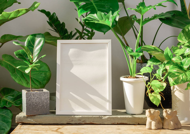 Mock up poster wooden frame  and Monstera,Philodendron selloum, Aroid palm,Zamioculcas zamifolia,Ficus Lyrata,snake plant tropical house plant in  potted set on wood table in modern living room stylish with loft cement  wall - Photo, image