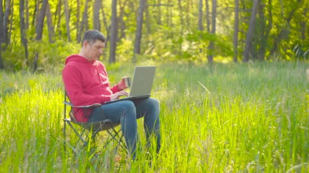 Чоловік працює на ноутбуці в літньому лісі
 - Кадри, відео