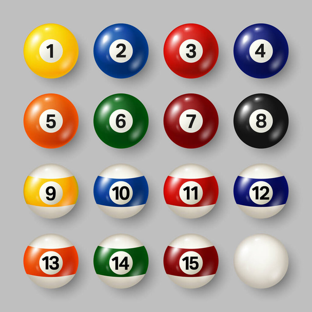 Colorful billiard, pool balls with numbers on gray background. Realistic glossy snooker ball. Vector illustration. - Vetor, Imagem