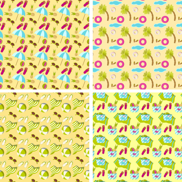 Conjunto de padrões sem costura praia de verão em um fundo de areia amarela com guarda-chuva, palmeira, chinelos, chapéu de sol e saco - Vetor, Imagem