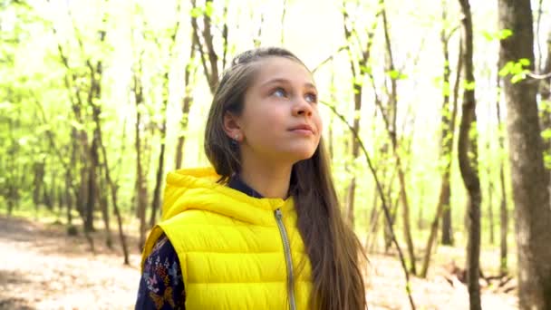 Vídeo 4K. Uma menina em um colete amarelo olha para cima enquanto observa pássaros na floresta - Filmagem, Vídeo