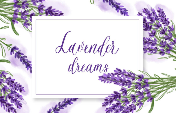 Lavender flowers banner on white background. Use for natural cosmetics, beauty store, health care products, perfume, essential oil, aromatherapy, greeting card or wedding invitation - Vector, Image