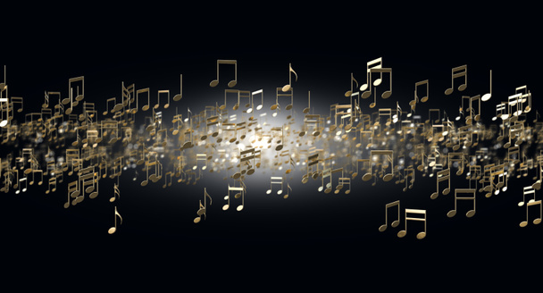 Een scala aan randowm muzikale noten zweven in de lucht op een donkere achtergrond - 3D renderen - Foto, afbeelding
