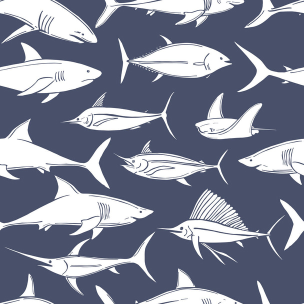 Ručně tažené ryby a žraloci. Bezešvý vektorový vzorec.  - Vektor, obrázek