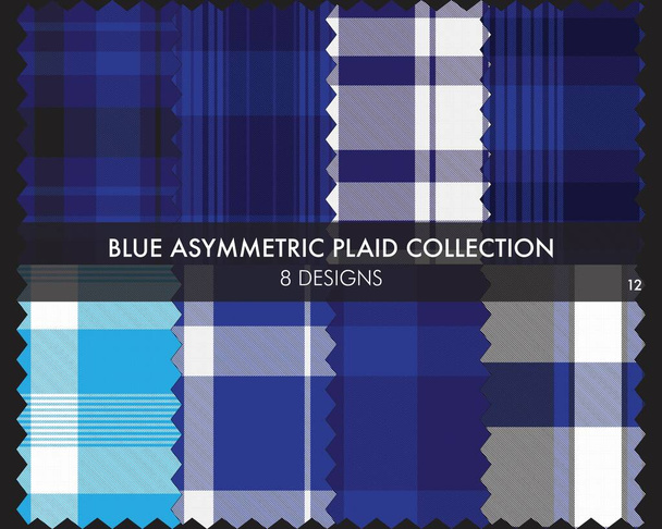 Blue Asymmetric Plaid αδιάλειπτη συλλογή σχεδίων περιλαμβάνει 8 σχέδια για υφάσματα μόδας και γραφικά - Διάνυσμα, εικόνα