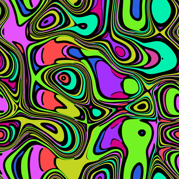 漫画のカラフルなサイケデリック垂直波のシームレスなパターン。黄緑色と紫色の曲線の背景 - 写真・画像