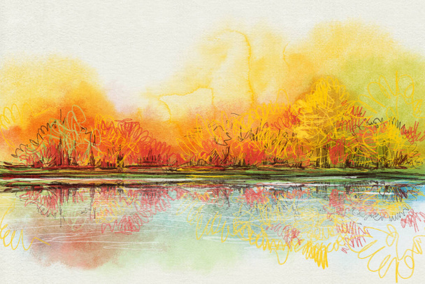 Φθινοπωρινό τοπίο με το ποτάμι. Εικονογράφηση με ακουαρέλα και χρωματιστά μολύβια. - Φωτογραφία, εικόνα