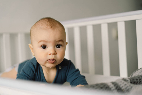 Cute newborn baby. Happy baby on a grey background. Closeup portrait of newborn baby. Infant baby. - Foto, Imagen