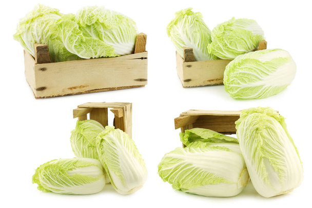 fresh chinese cabbage in a wooden crate on a white background - Photo, Image