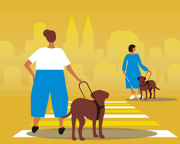 Άτομα με ειδικές ανάγκες με σκύλους οδηγούς, επίπεδη διανυσματική απεικόνιση απόθεμα με τυφλούς ανθρώπους που διασχίζουν το δρόμο με το σκυλί Lobrador - Διάνυσμα, εικόνα